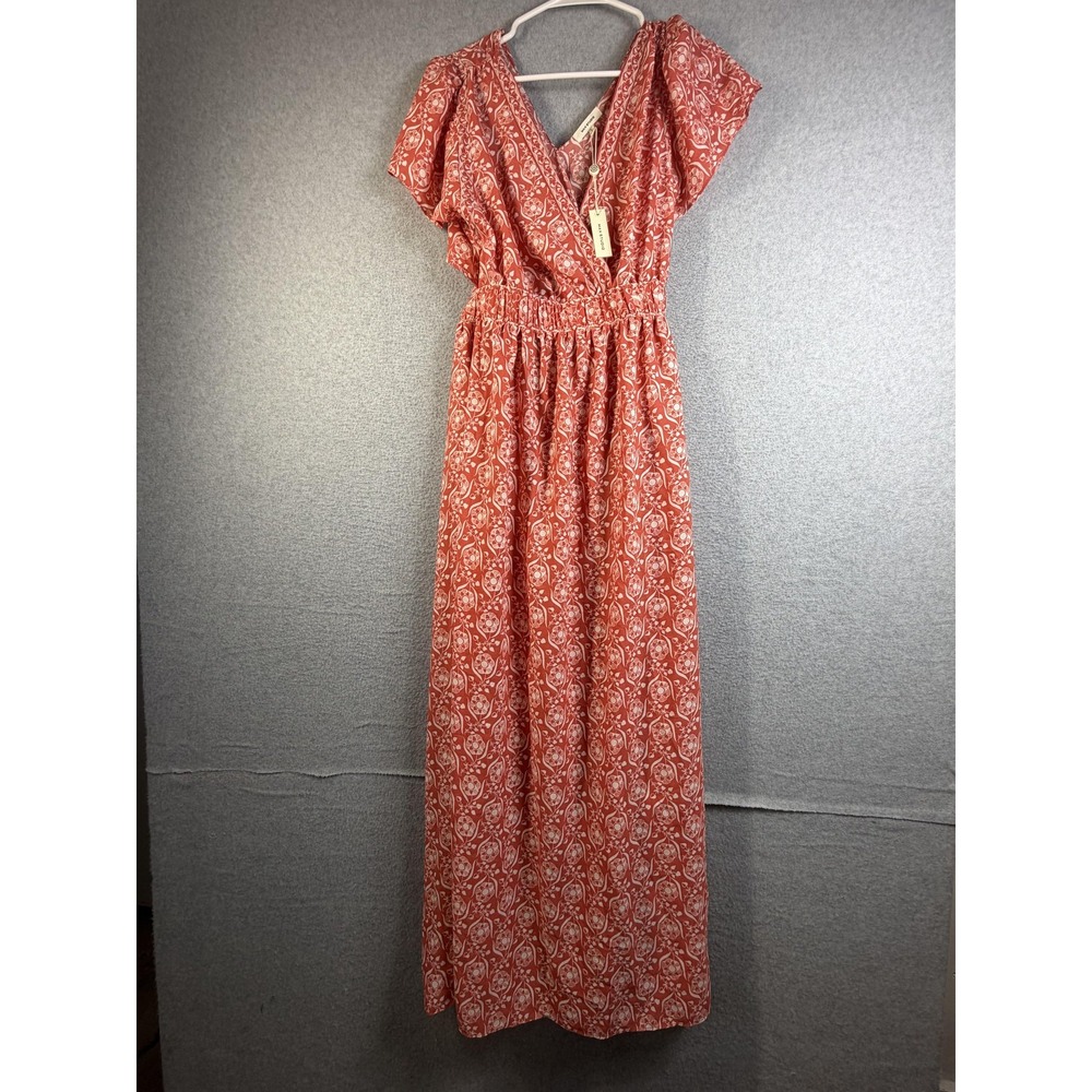 Max Studio Dress Womens Large Red Floral Wrap Maxi Flutter Sleeve Cutout Boho